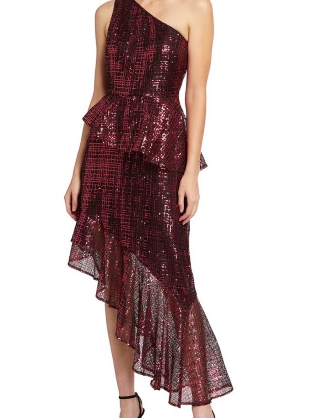 One-Shoulder Burgundy Sequin Peplum Asymmetrical Dress